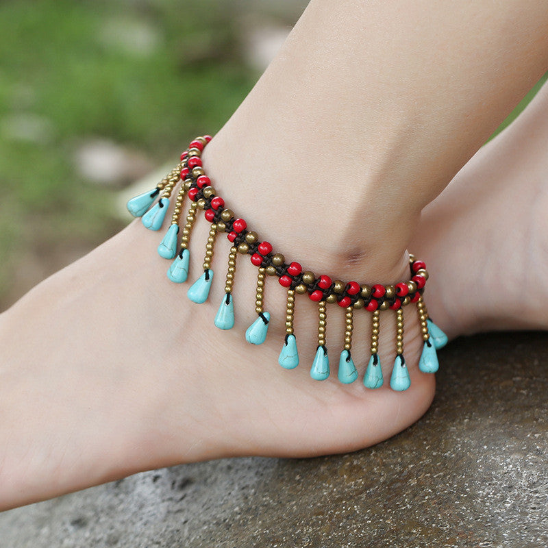 Tobillera bohemia con borlas trenzadas hechas a mano
