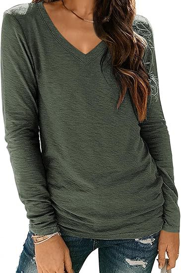 Women Fashion Casual Solid Color V-Neck Long Sleeve Blank T-Shirt