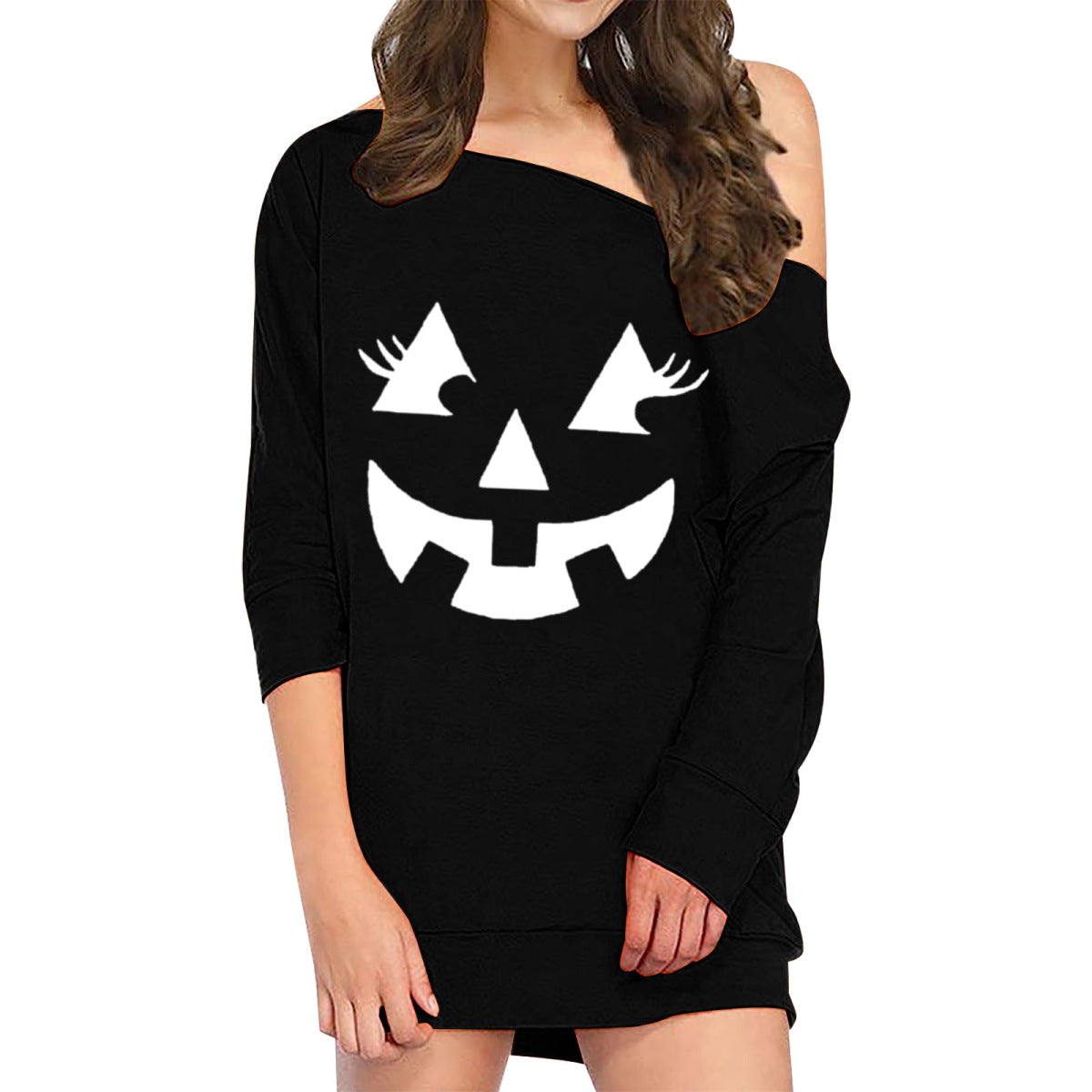 Vestido holgado de manga larga con estampado de calabaza y sonrisa de Halloween para mujer