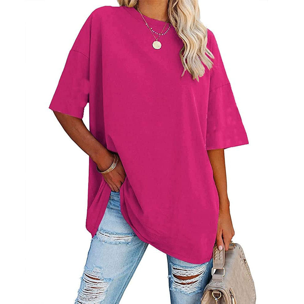 Camiseta informal de manga corta con cuello redondo para mujer, lisa, holgada y lisa
