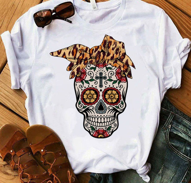 Camiseta de manga corta con estampado de calavera de Halloween para mujer