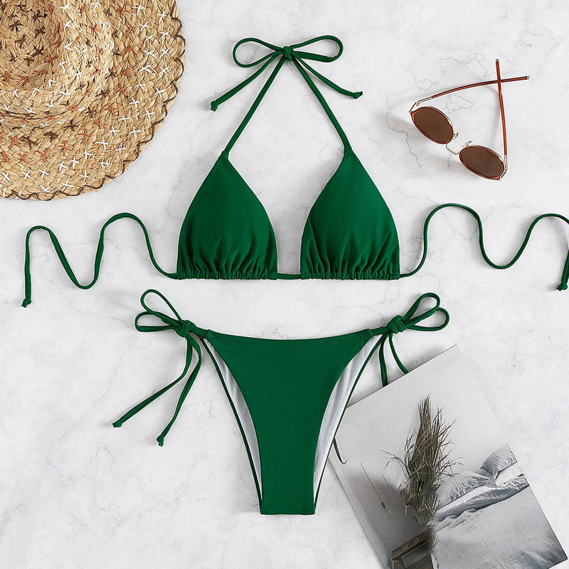 Bikini sexy de cuello halter de color sólido a la moda para mujer