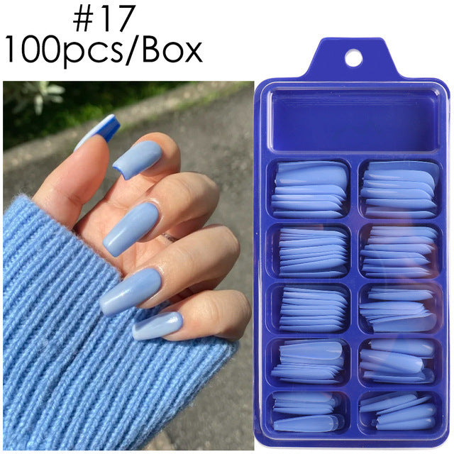 Uñas postizas con diseño de caja azul y pegatinas completas para usar en ballet largo
