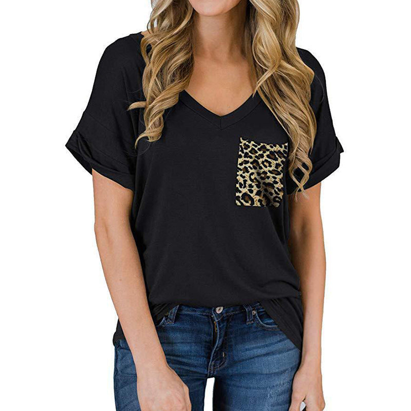 Camiseta lisa de manga corta con cuello en V para mujer
