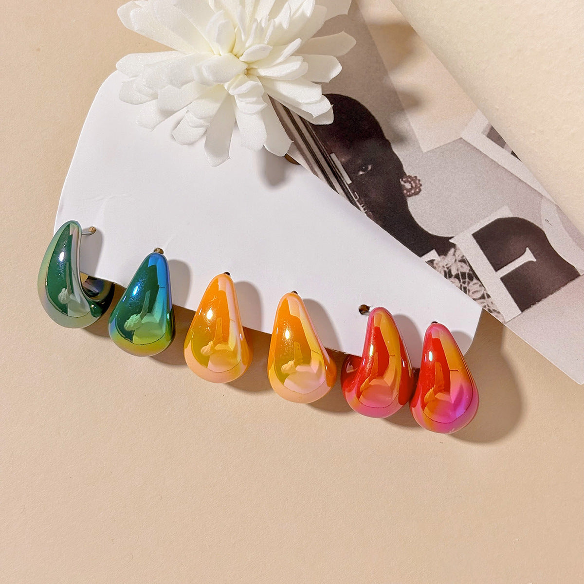 Women Fashion Solid Color Resin Water Drop Earrings 3-Pair Set
