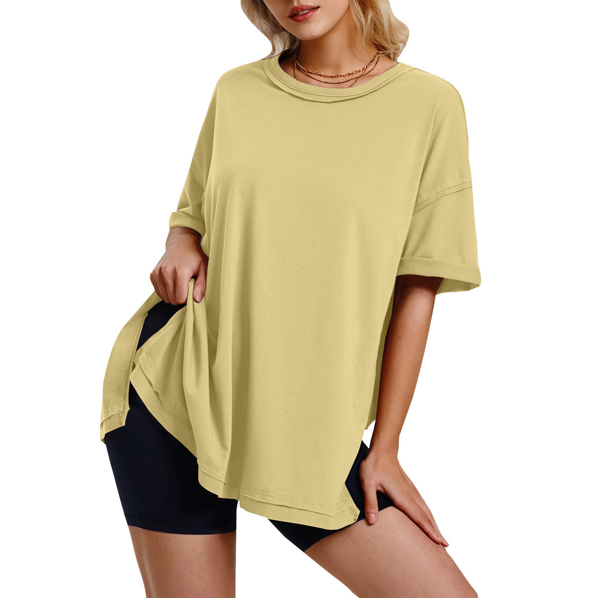 Women Casual Solid Crewneck Loose Tee in Cotton