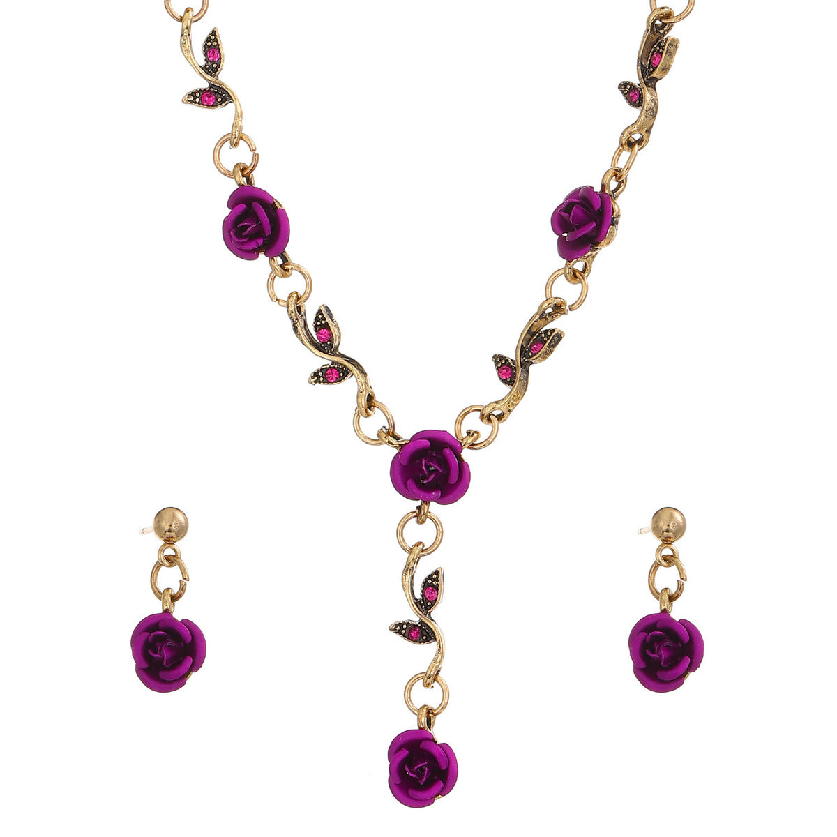 Conjunto de tres piezas de joyería floral con rosas vintage