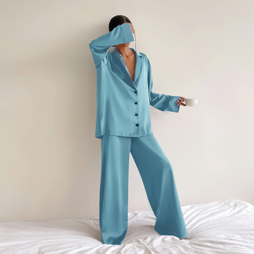 Women's Long-Sleeved Solid Satin Two-Piece Pajamas