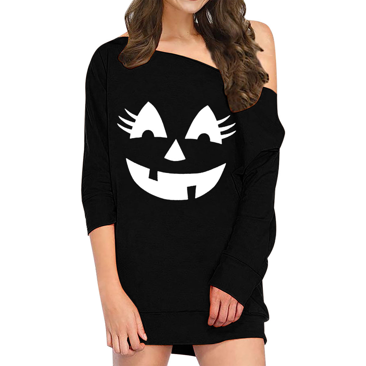 Vestido holgado de manga larga con estampado de calabaza y sonrisa de Halloween para mujer