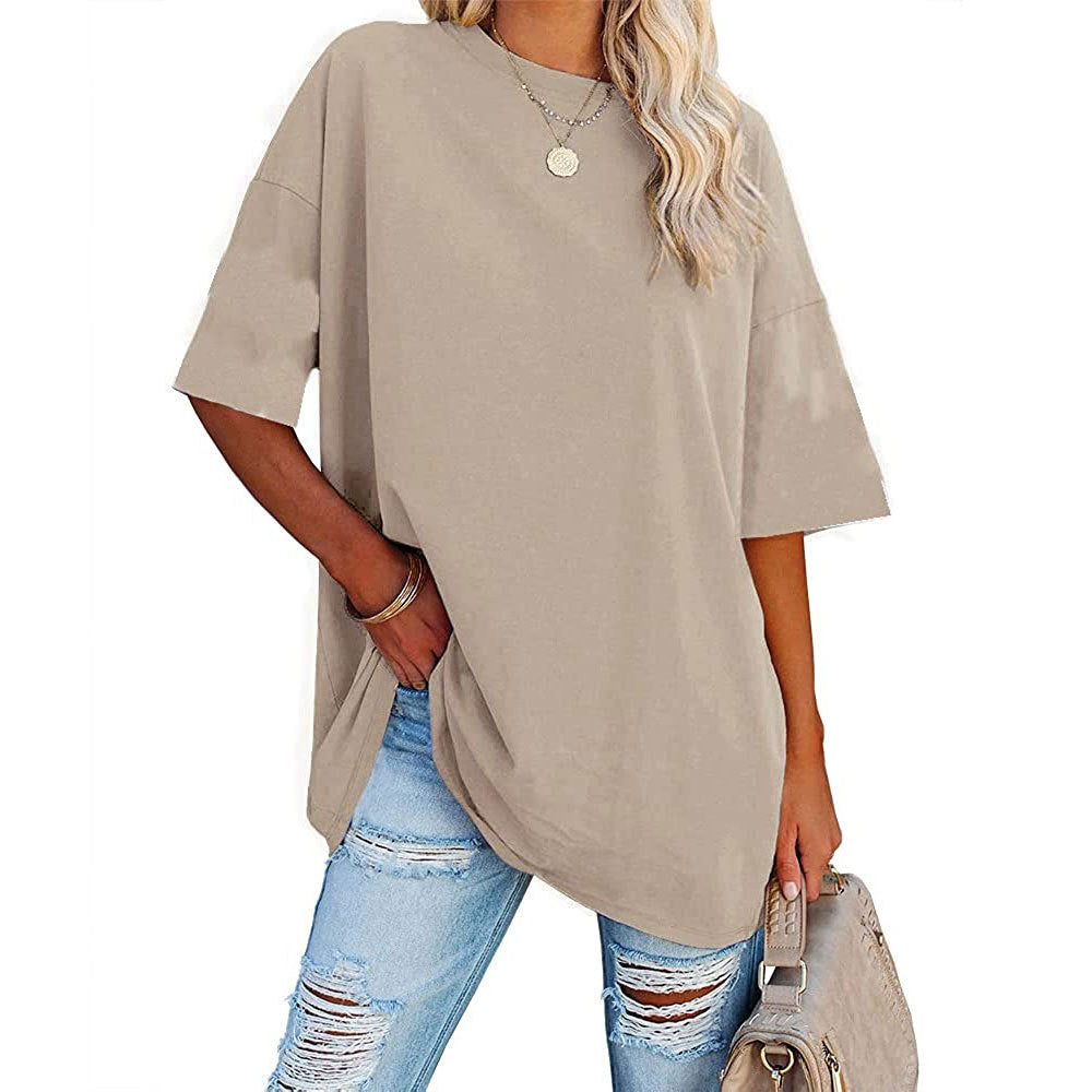 T-shirt décontracté à manches courtes et col rond pour femme, couleur unie, ample et vierge