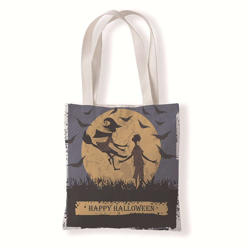Bolsa de lona con estampado de calabaza y murciélago de Halloween con dibujos animados