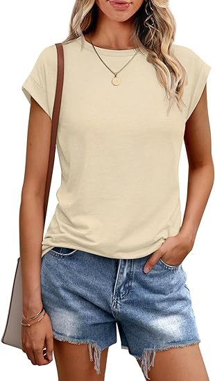 Camiseta informal de verano para mujer, color liso, cuello redondo, manga corta, sin mangas