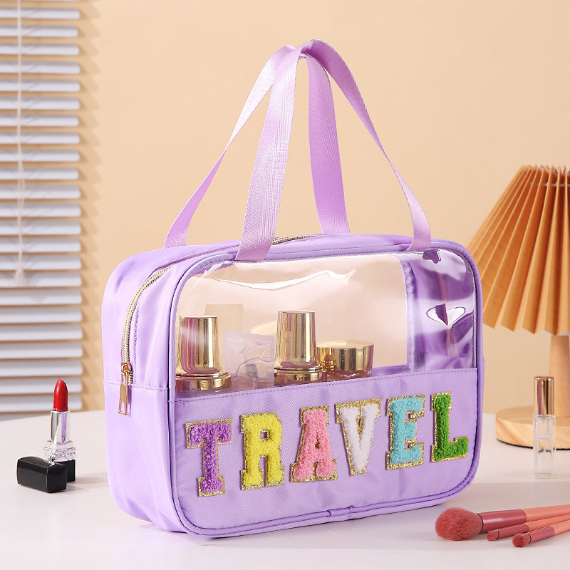 Bolsa de cosméticos transparente de PVC con letras bordadas