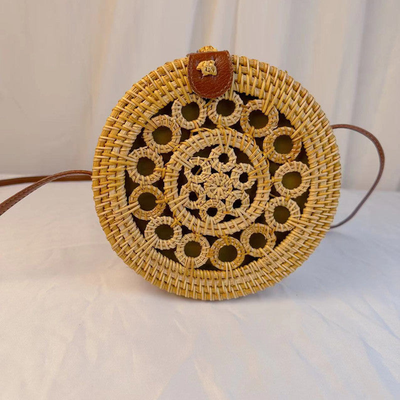 Sac rond en paille tissée vintage de style bohème