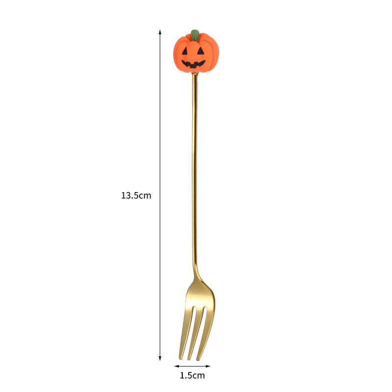 Tenedor y cuchara de acero inoxidable para postres y frutas con dibujos animados de Halloween.