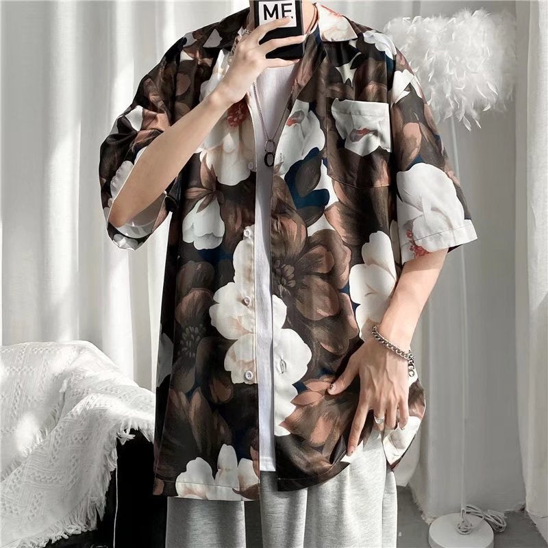 Camisa informal vintage con estampado de flores diminutas para hombre