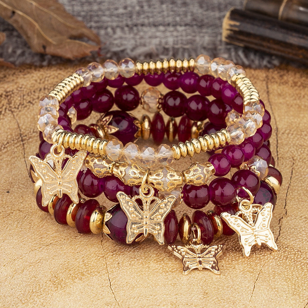 Bohemian Multi-Layer Beaded Butterfly Pendant Bracelet