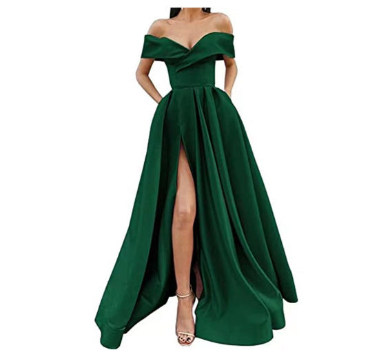 Women Sexy Elegant Satin Deep V-Neck Off Shoulder Party Dress