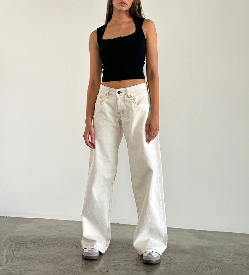 Vaqueros rectos de cintura baja de color liso retro casual para mujer