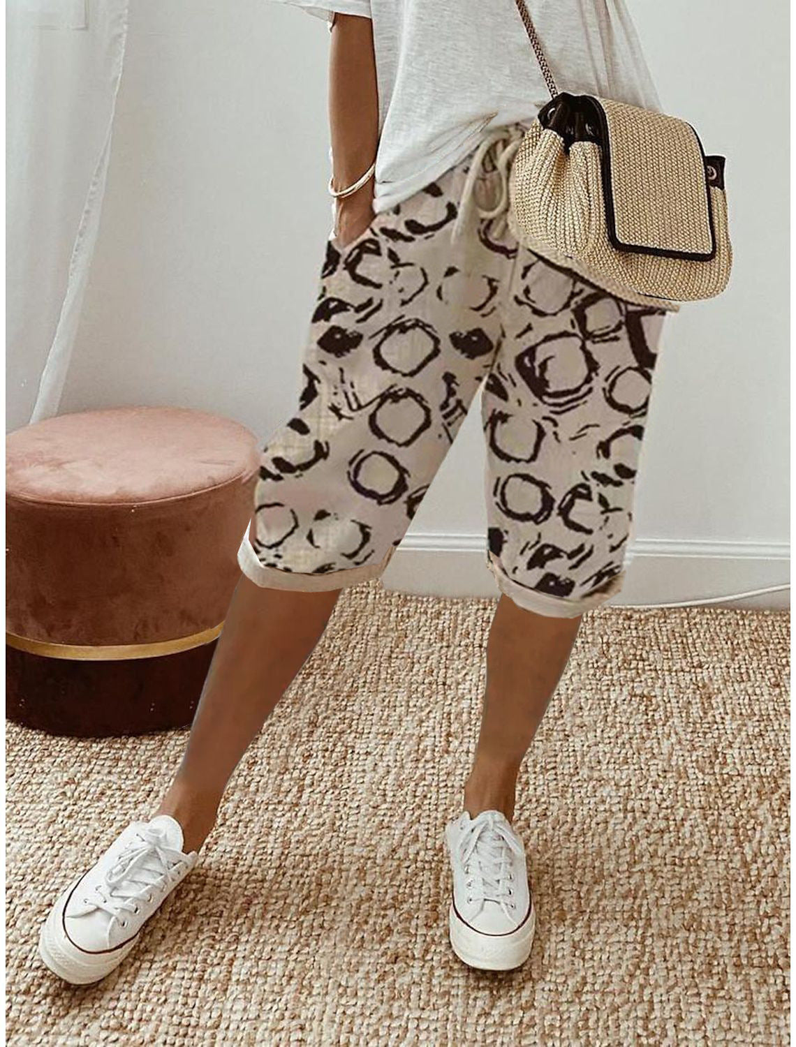 Pantalones casuales de lino y algodón de color liso a la moda para mujer