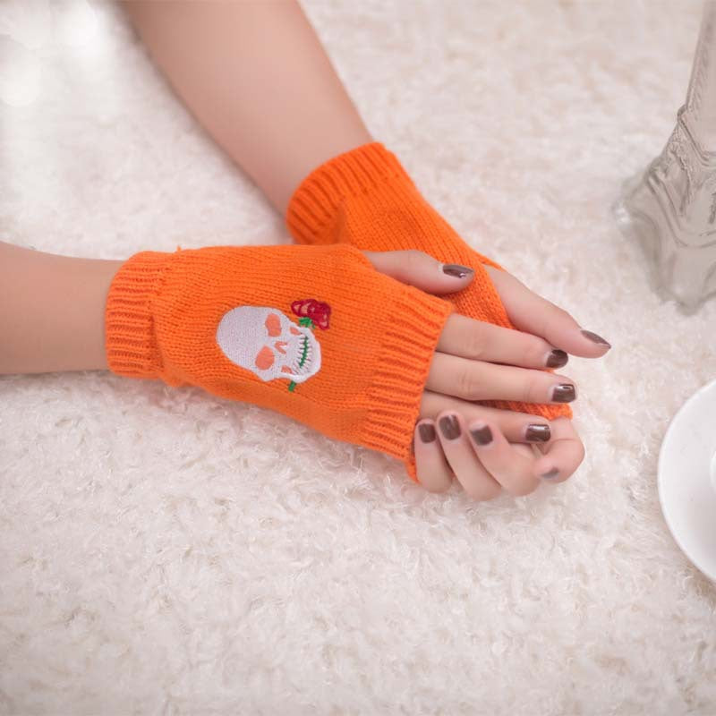 Halloween Autumn Winter Wool Embroidered Skull Gloves