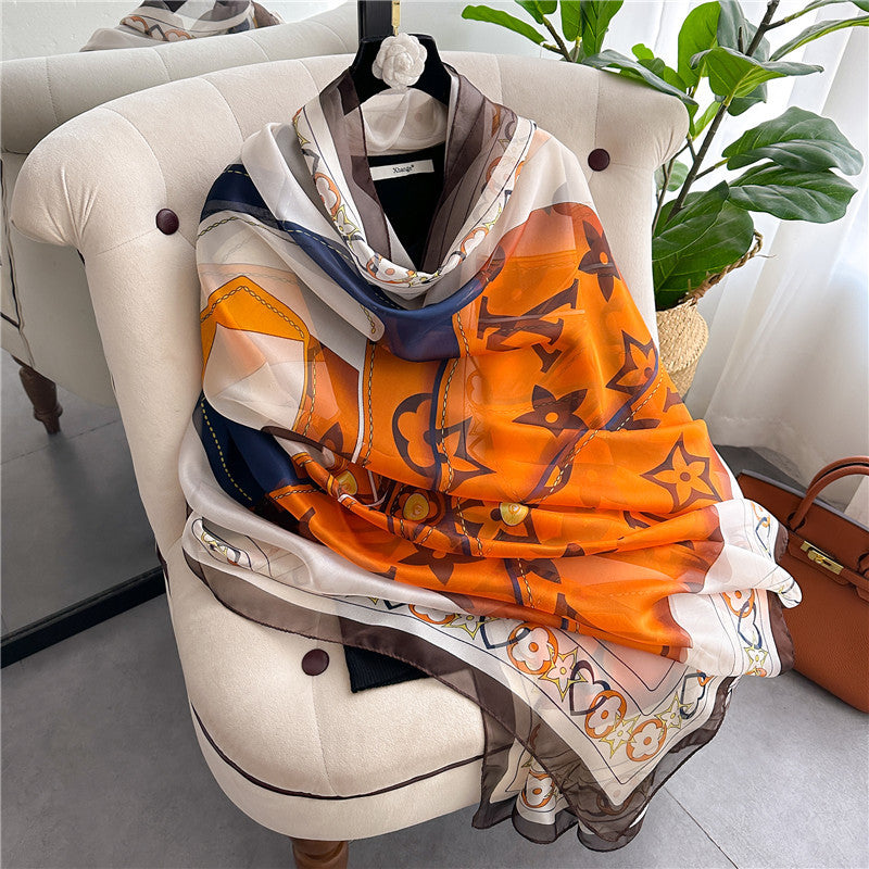 Summer Women Fashion Geometric Leaves Printed Silk Scarf