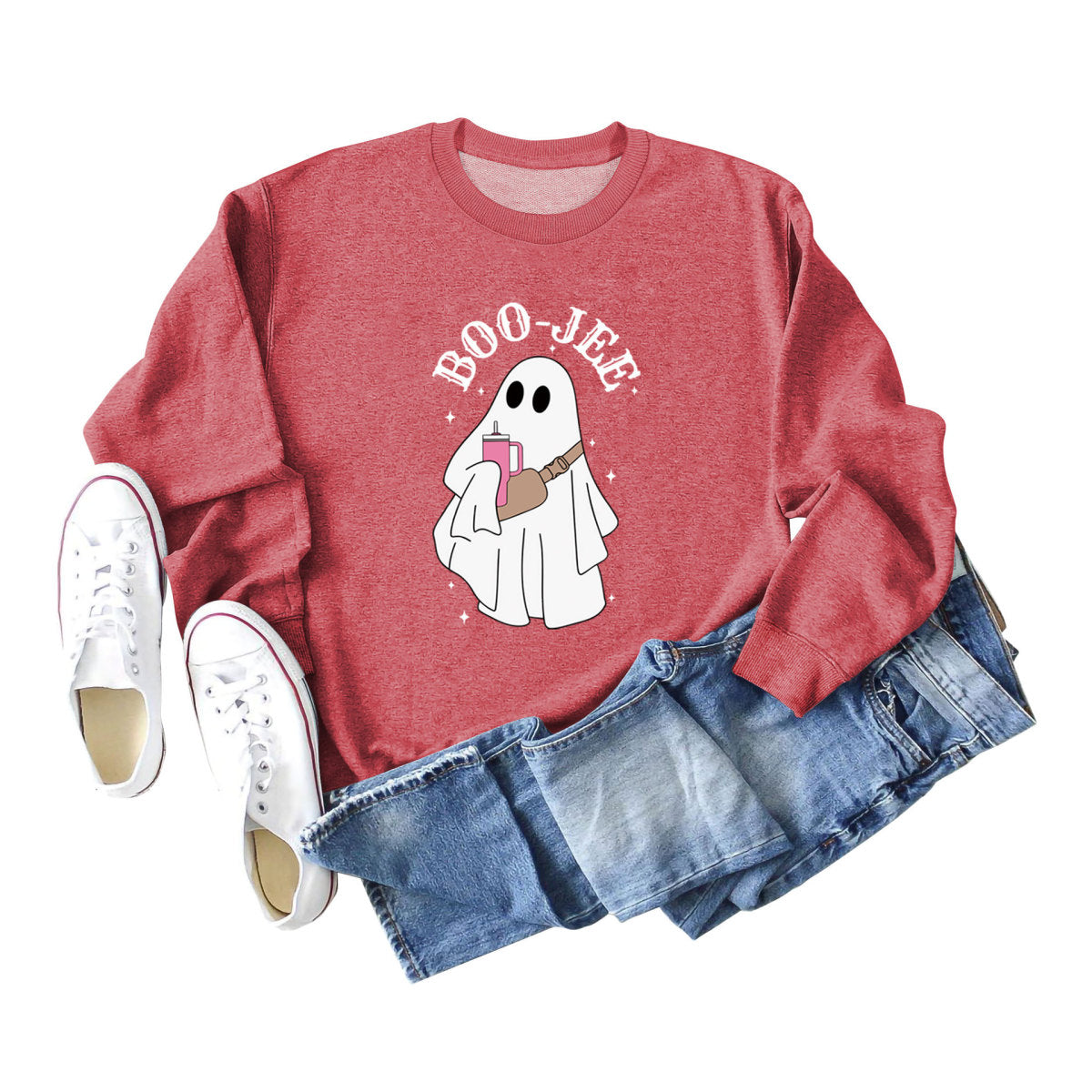 Sweat-shirt ras du cou imprimé fantôme de dessin animé pour femme Halloween