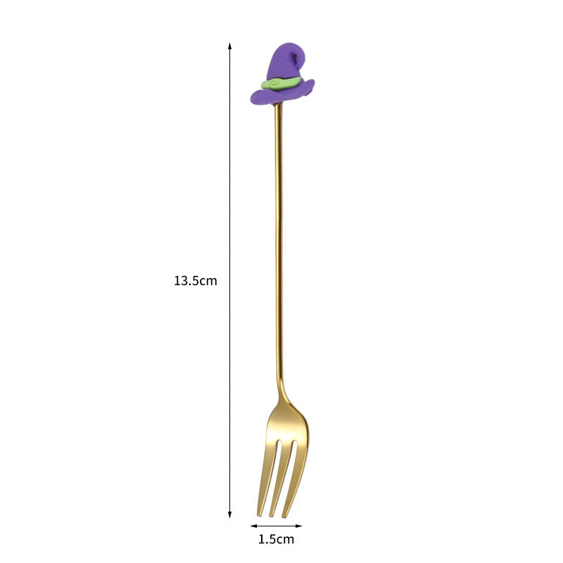 Tenedor y cuchara de acero inoxidable para postres y frutas con dibujos animados de Halloween.