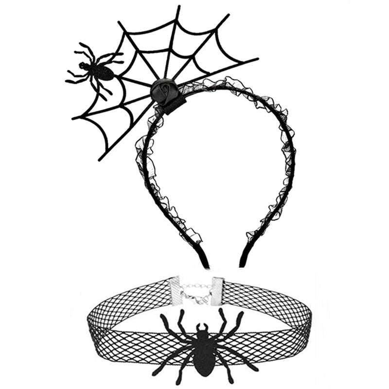 Ensemble de bijoux ras du cou en dentelle avec bandeau en toile d'araignée noire pour femme, idéal pour Halloween