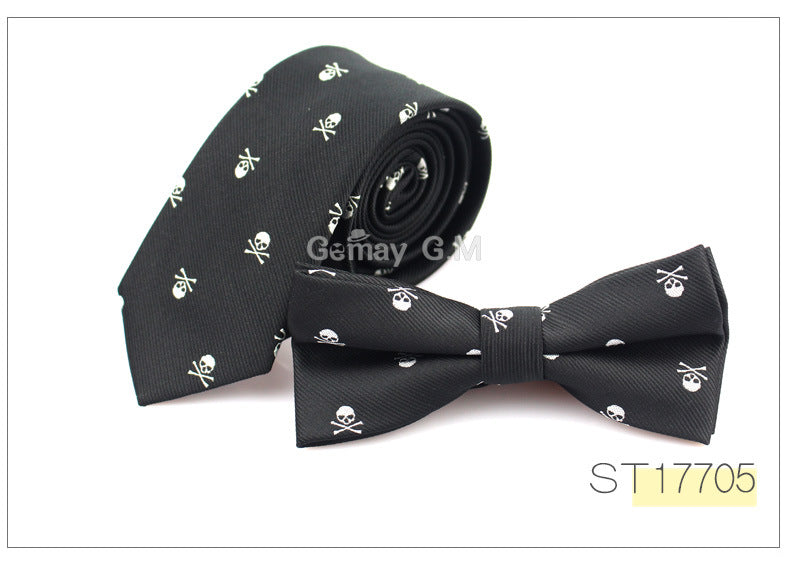 Ensemble d'accessoires de cravate ultra-étroite en polyester pour homme, motif tête de mort, pour Halloween