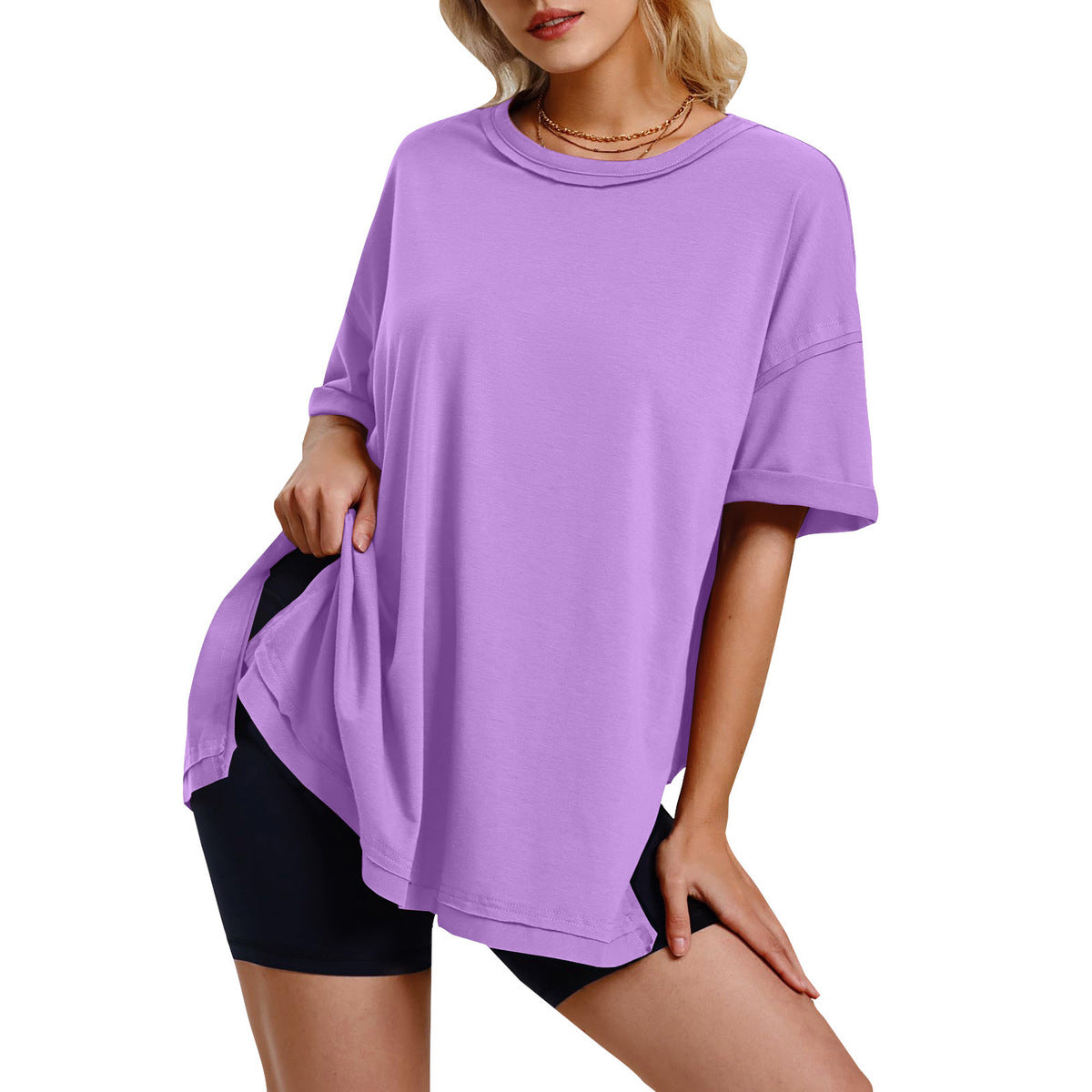 Women Casual Solid Crewneck Loose Tee in Cotton