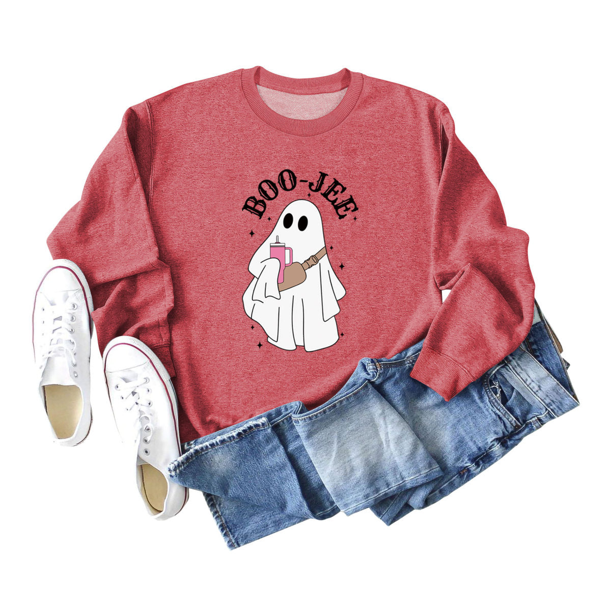 Sweat-shirt ras du cou imprimé fantôme de dessin animé pour femme Halloween