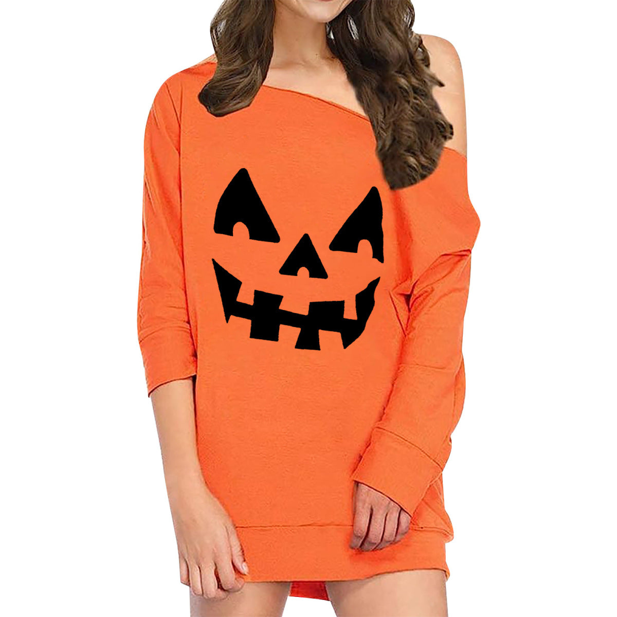 Vestido holgado de manga larga con estampado de calabaza y sonrisa de Halloween para mujer