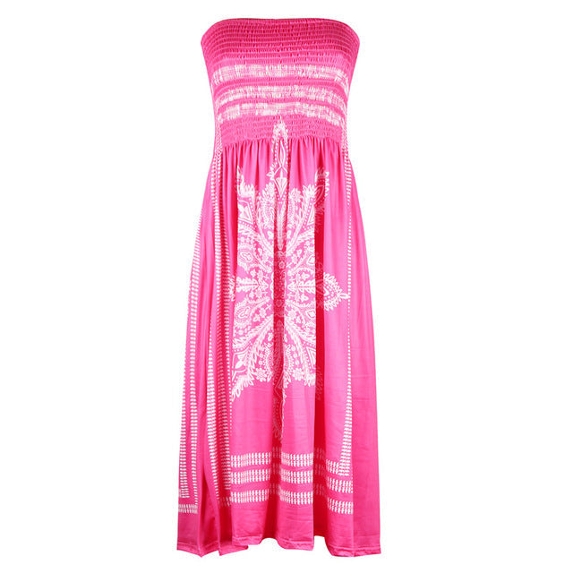 Women Casual Vintage Strapless Summer Loose High Waist Bohemian Beach Dress