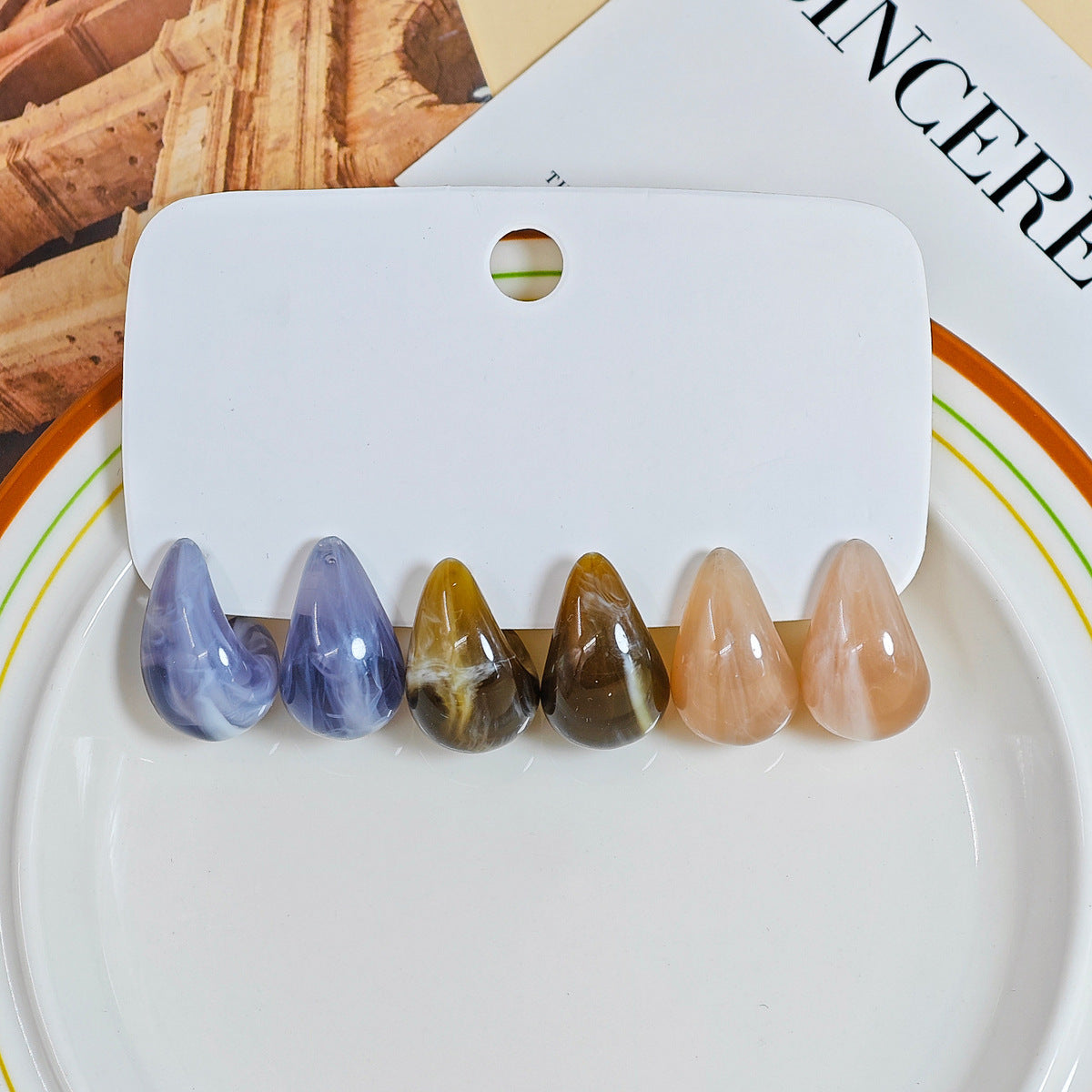 Women Fashion Solid Color Resin Water Drop Earrings 3-Pair Set
