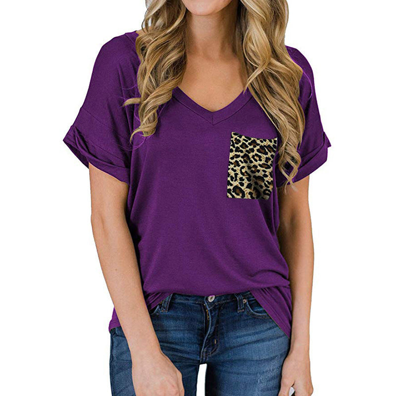 Camiseta lisa de manga corta con cuello en V para mujer