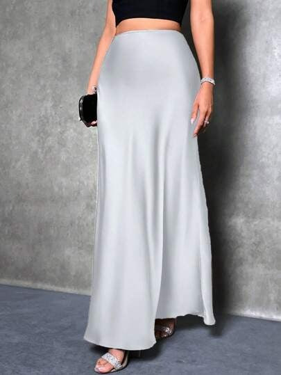 Women Fashion Casual Solid Color Satin Skirt