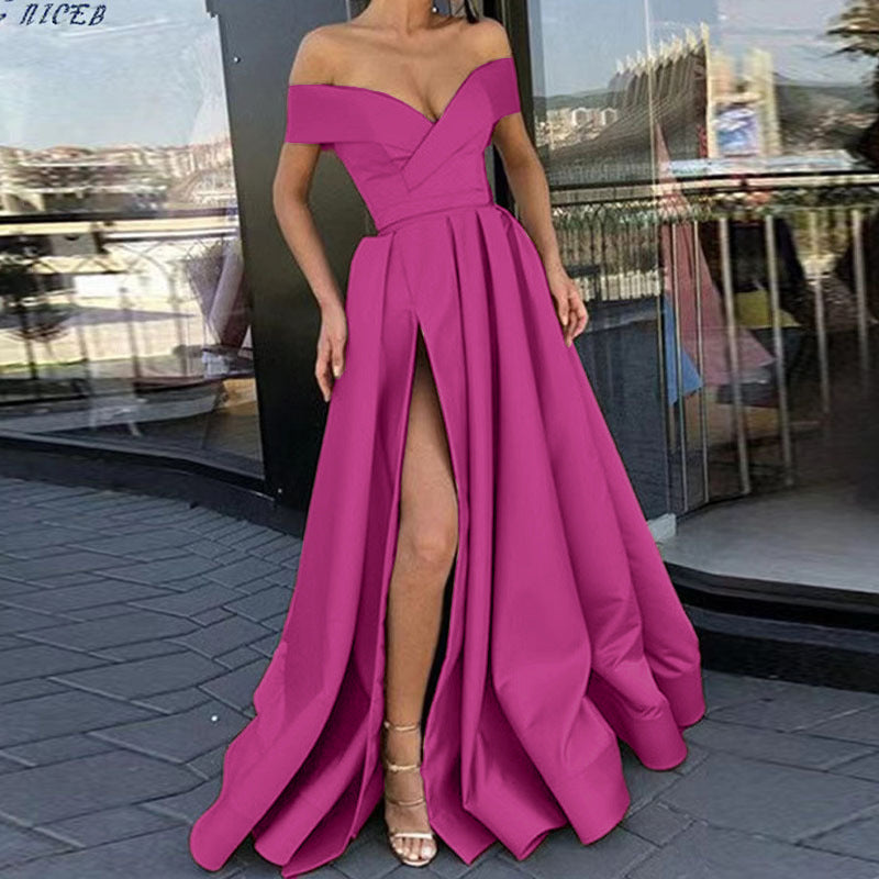Women Sexy Elegant Satin Deep V-Neck Off Shoulder Party Dress