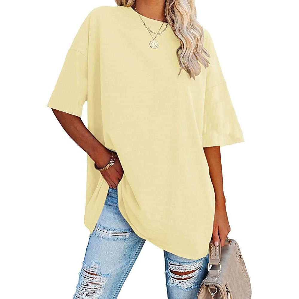 T-shirt décontracté à manches courtes et col rond pour femme, couleur unie, ample et vierge