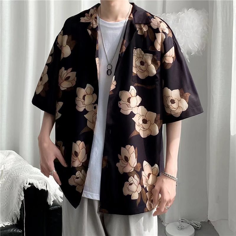 Camisa informal vintage con estampado de flores diminutas para hombre