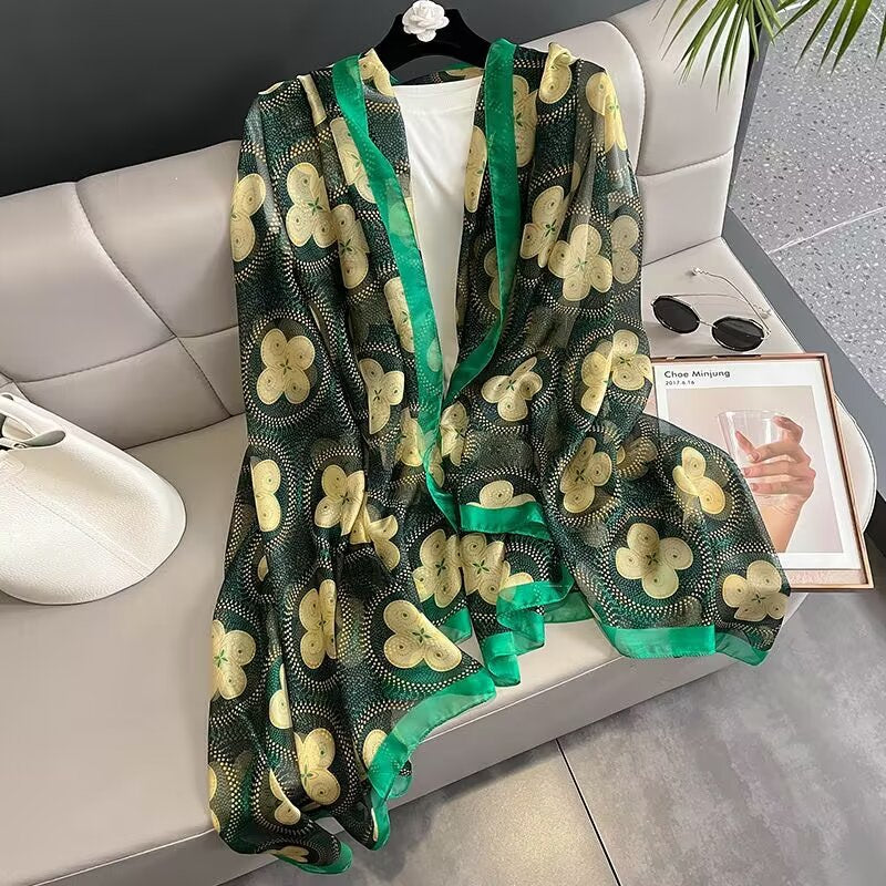 Summer Women Fashion Geometric Leaves Printed Silk Scarf