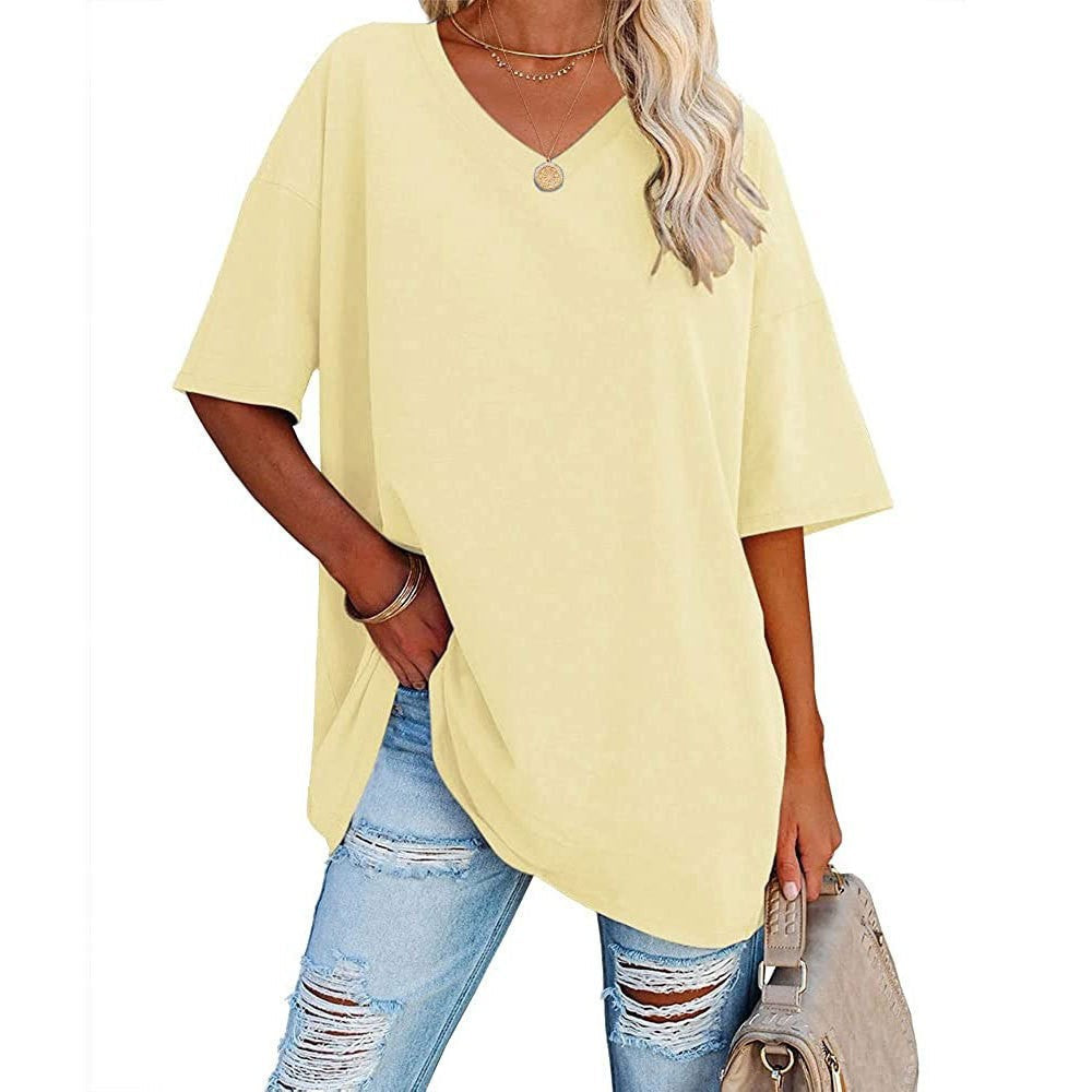 Camiseta informal holgada de manga corta con cuello en V para mujer, color liso