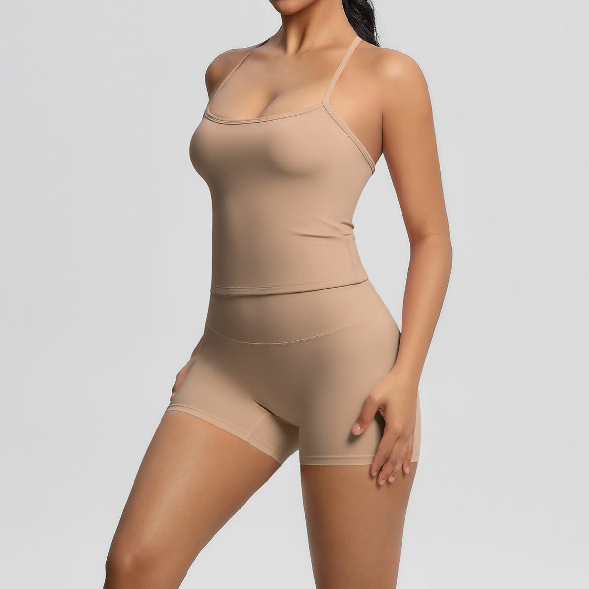 Women Casual Backless Tank Top and Tight Shorts Two-Piece Set