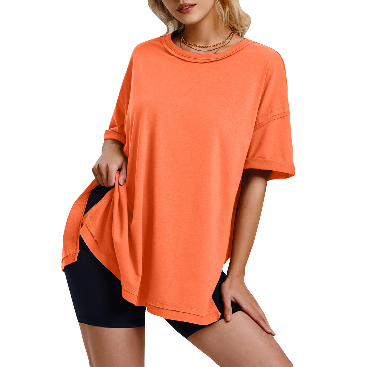 Women Casual Solid Crewneck Loose Tee in Cotton