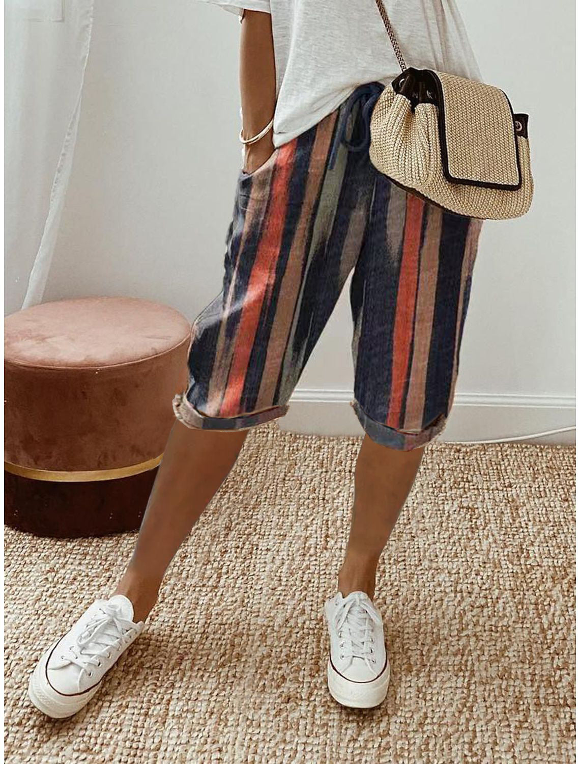 Pantalones casuales de lino y algodón de color liso a la moda para mujer