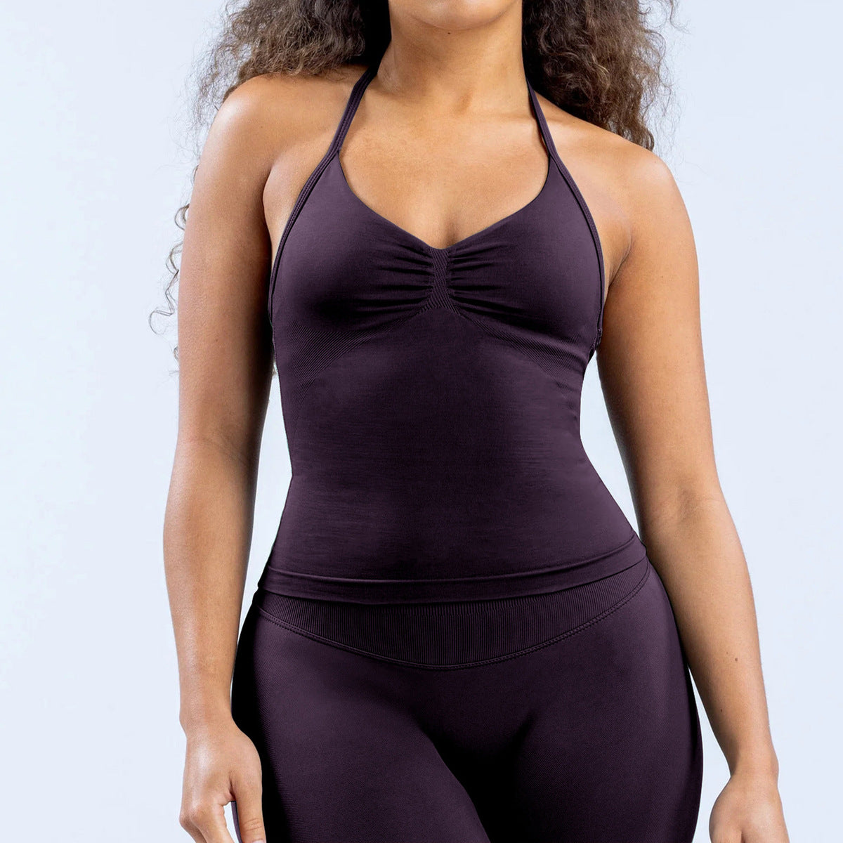 Top de yoga con cuello halter, sin costuras y color liso para mujer