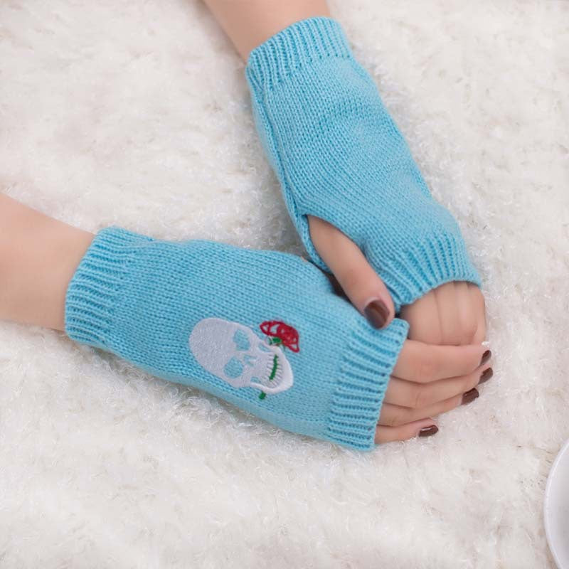 Halloween Autumn Winter Wool Embroidered Skull Gloves