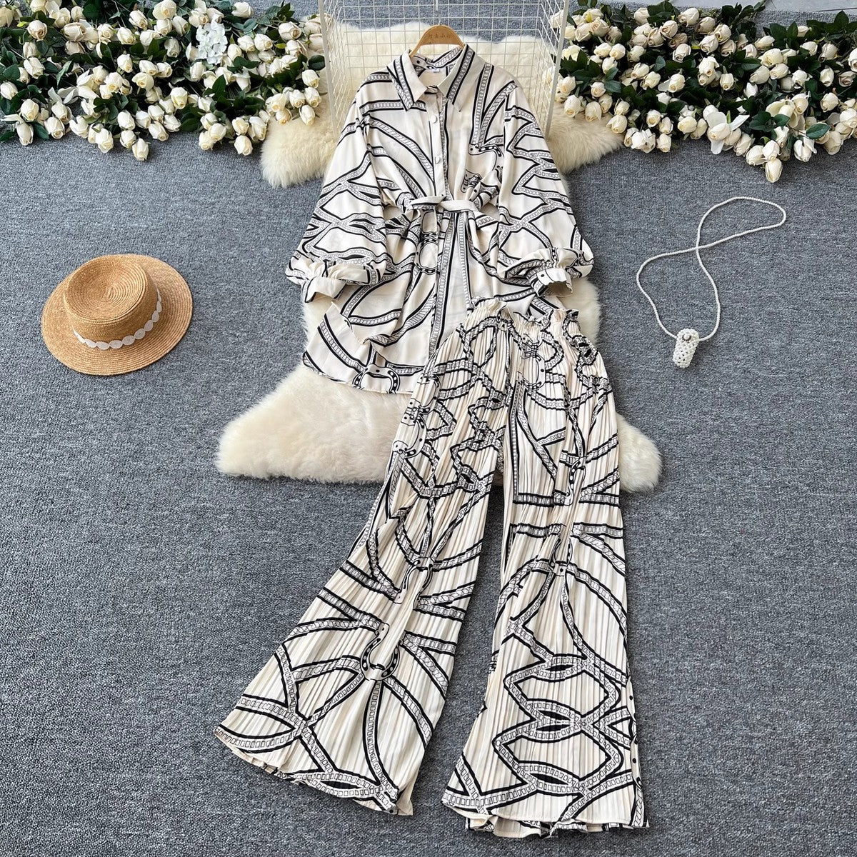 Women Casual Printed Blouse and Wide Leg Pants Set