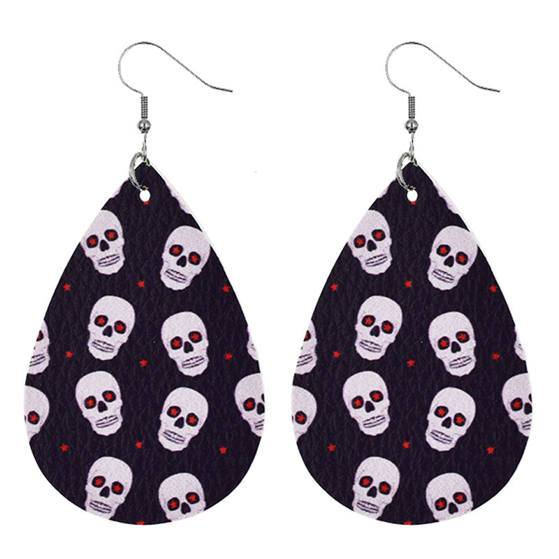 Halloween Women Fashion Leather Pumpkin Skull Earrings