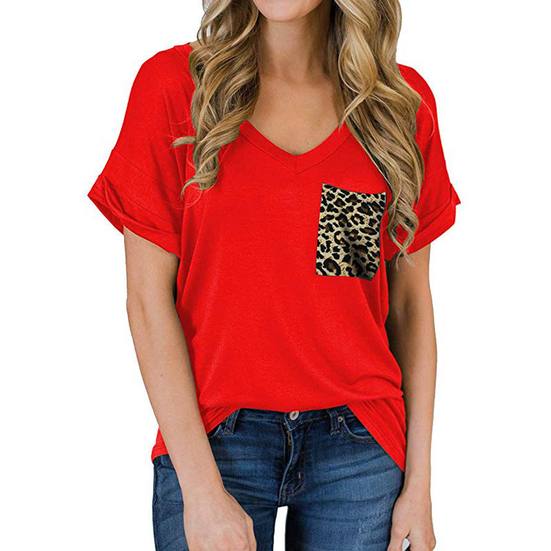 Camiseta lisa de manga corta con cuello en V para mujer
